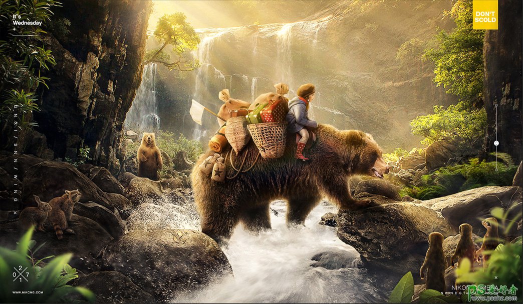 Photoshop合成森林中小男孩儿骑着棕熊的创意场景图片