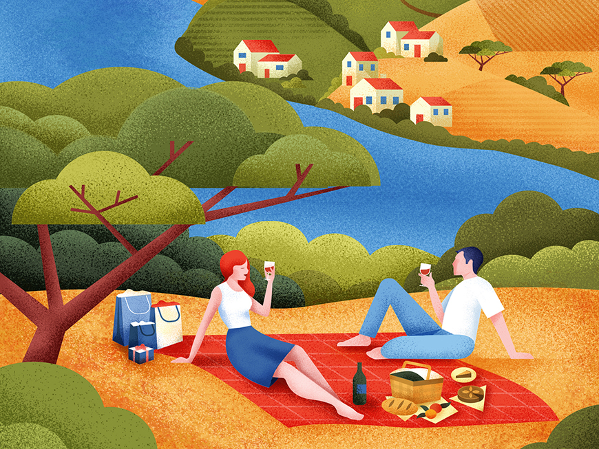 插画图片，Illustrator扁平风噪点质感郊游插画图片AI教程